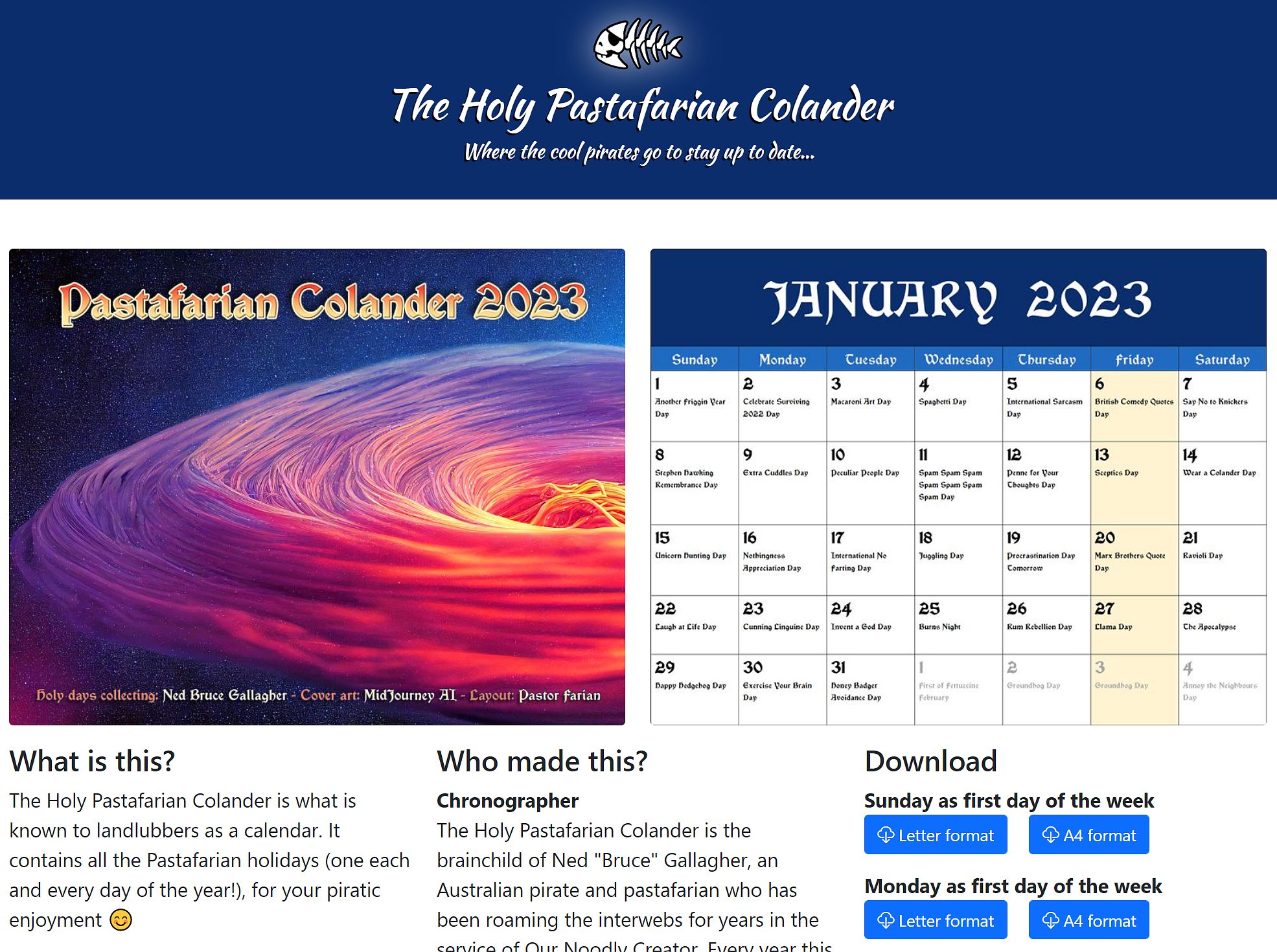 The Holy Pastafarian Colander (Calendar)